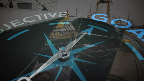 animation of compass with objective goal text over shipyard