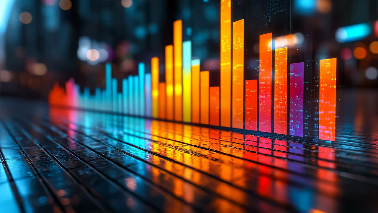 Colorful digital bar graph reflected on wet dark surface. Abstract 3D bar chart with vibrant rainbow colors glowing on a dark reflective floor in urban setting