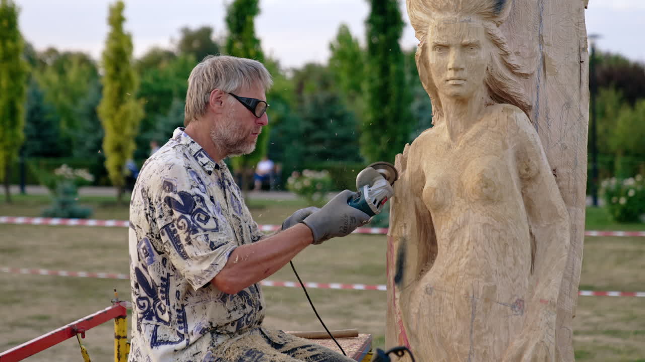 Woodcarver working on a mermaid sculpture