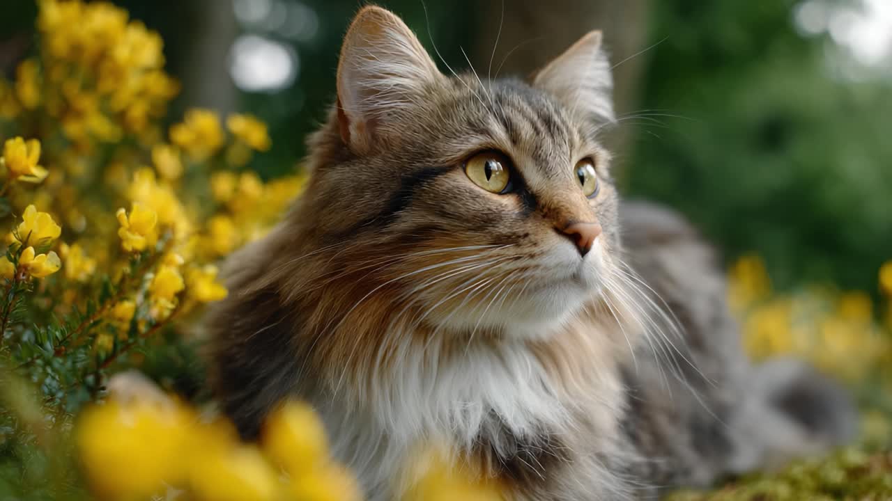 A Majestic Cat Surrounded by Vibrant Yellow Flowers, Capturing the Serene Beauty of Nature and Feline Elegance in a Tranquil Garden Setting