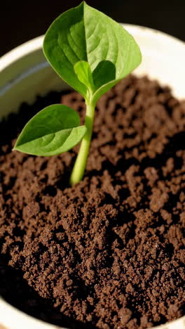 small plant growing in a pot with chocolate cookie soil
