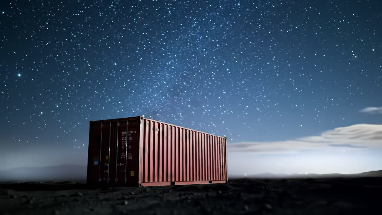 A shipping container stands alone under a stunning starry sky in a remote desert setting. The vastness of the night sky creates a tranquil atmosphere, highlighting the contrast.