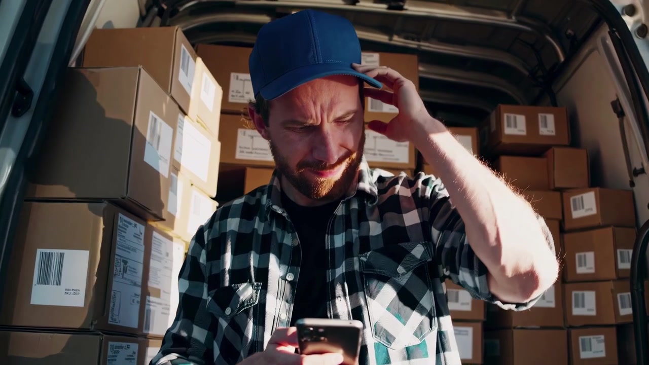Confused Delivery Man Using Smartphone in Van Full of Packages