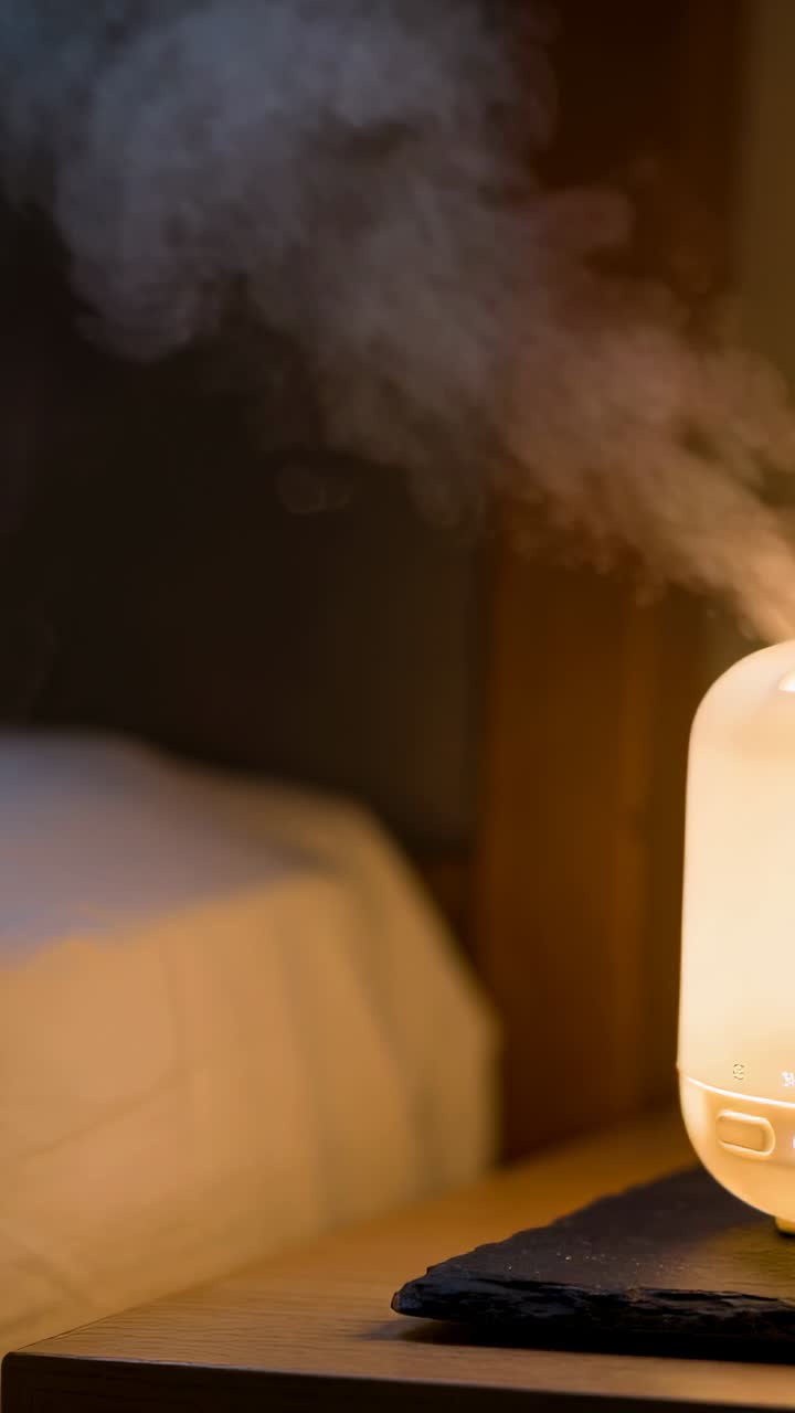 Vidéo verticale : Mise sous tension, diffuseur émettant une vapeur chaude sur une table de chevet près d'un lit fait, espace pour le texte.