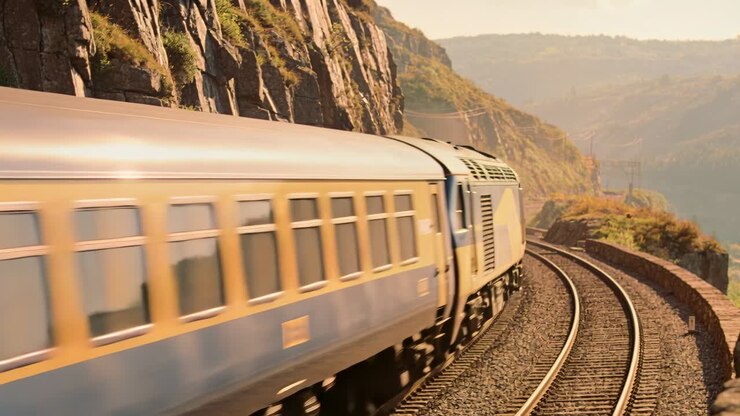 Entering from left, diesel locomotive pulling yellow-blue coaches following coastal cliff tracks