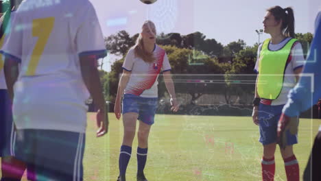 soccer player heading ball during practice with data processing animation over field