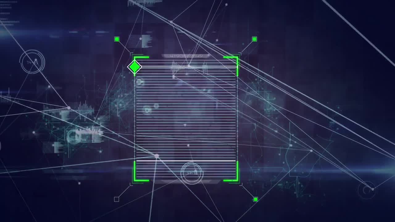 escáner cuadrado sobre red de conexiones y procesamiento de datos contra un fondo negro