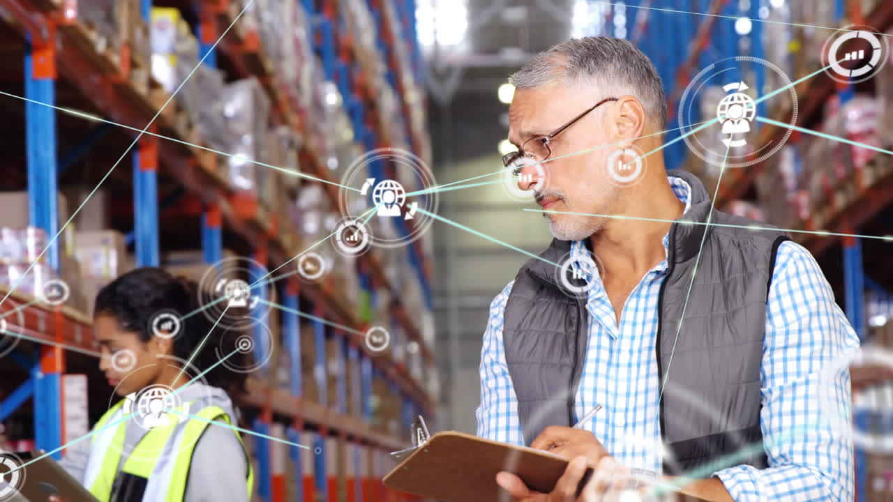 Animation of networks of connections with icons over people working in warehouse