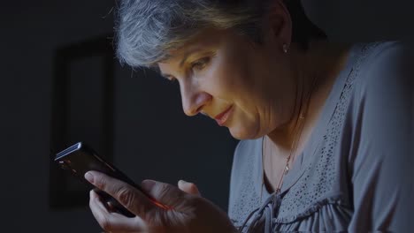 senior woman with gray hair scrolling smartphone, soft screen light revealing contemplative expression in shadowy interior, representing digital connectivity for older generation