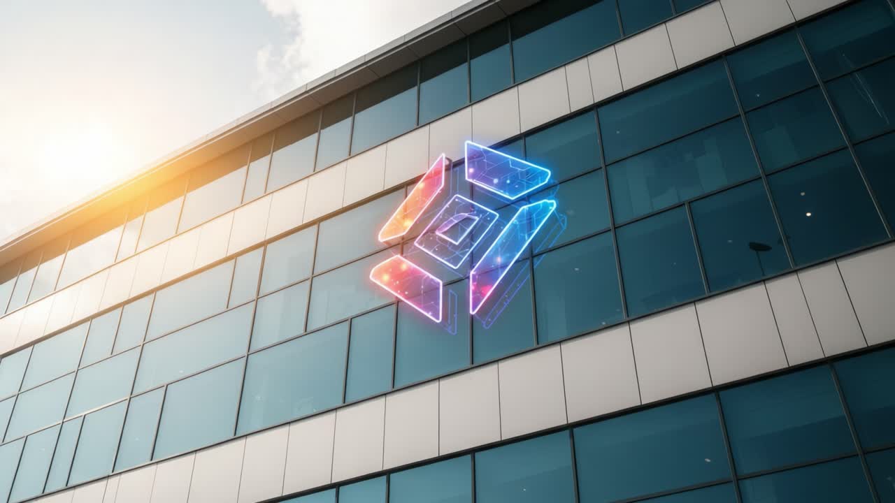 A Glowing Logo Illuminates a Modern Building's Glass Facade, Showcasing Innovative Design and Futuristic Aesthetics Under a Bright Sky