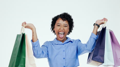 Cara,-Emocionada-Y-Mujer-Con-Bolsa-De-Compras