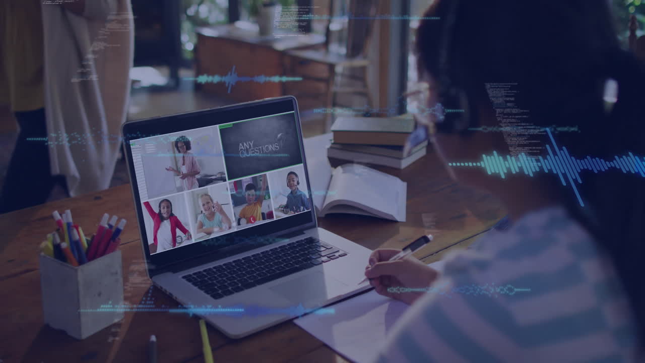 In school, person taking notes during online conference animation on laptop
