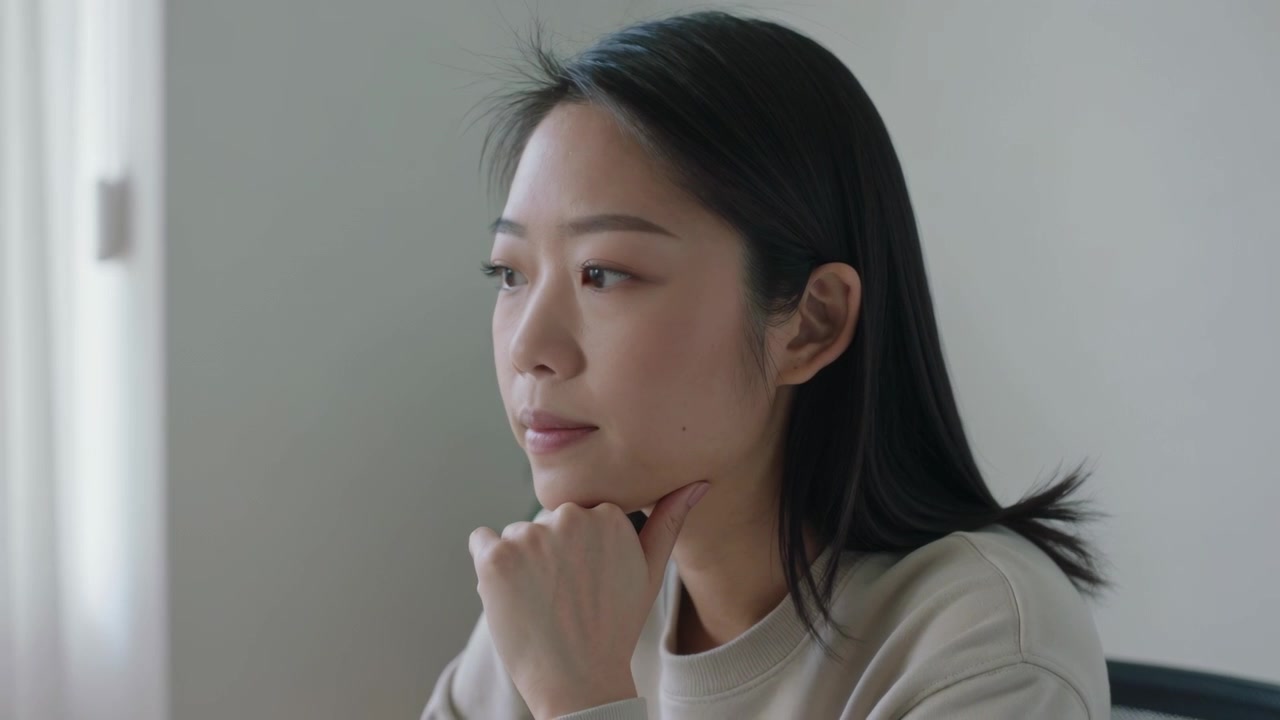 베이지색 크루넥을 입은 여성이 식물이 있는 책상에서 턱을 괴고 왼쪽을 응시하며 무언가를 생각하는 모습.
