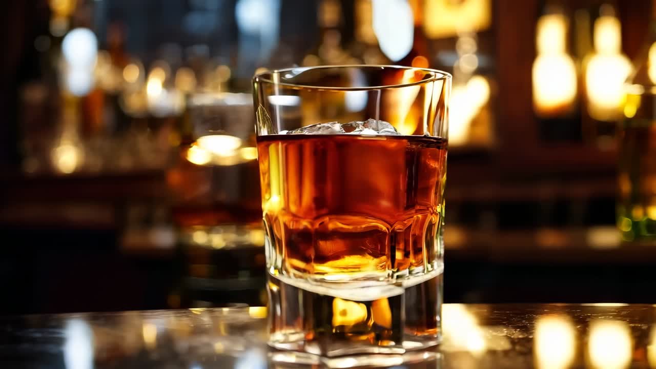 un vaso de whisky sentado en la parte superior de una barra