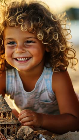 children happily building sandcastles at the beach during sunset