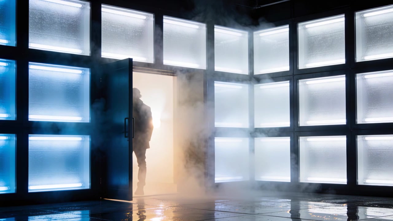 Uomo in giacca che cammina, entrando in una porta illuminata da cui la nebbia si riversa su pannelli luminosi, addentrandosi, spazio per il testo.