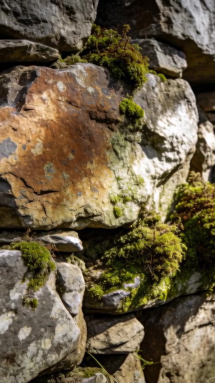 Video verticale: Telecamera a mano che si sposta, rivelando un muro di pietra muschioso ai margini del sentiero, mostrando i licheni