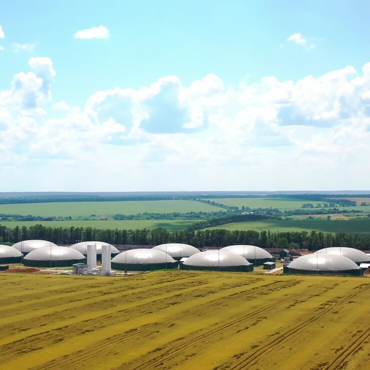 Modern landbouwcomplex op een veld. Biogasinstallatie vanuit de lucht, genomen met een drone.