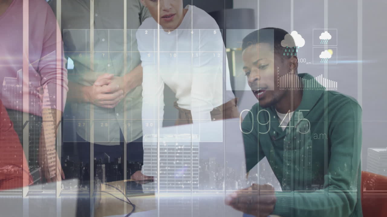 Collaborating in office, diverse team viewing digital animation of time and weather