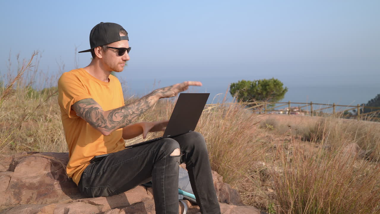 Content creator men on travel in Spain go hiking after work