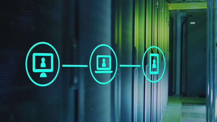 Animation of tech icons over server room