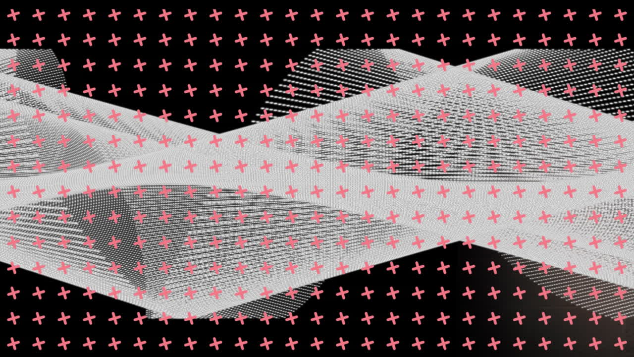 핑크색 십자가의 격자 애니메이션, 검은색에  ⁇ 힌 반투명한 물질의 회전 풍경 위에