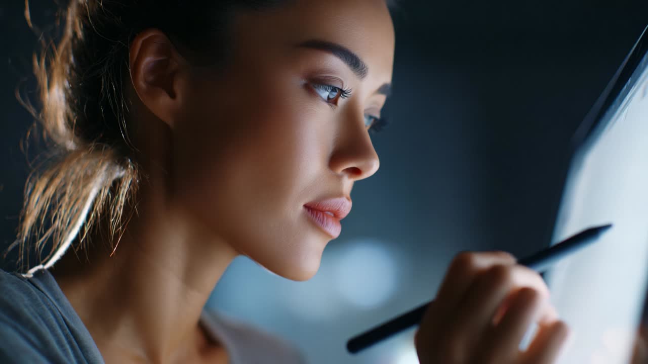 Focused Young Woman Creating Art Digitally with a Stylus, Captured in a Close-Up Displaying Intense Concentration and Artistic Expression, Merging Technology and Creativity Effortlessly