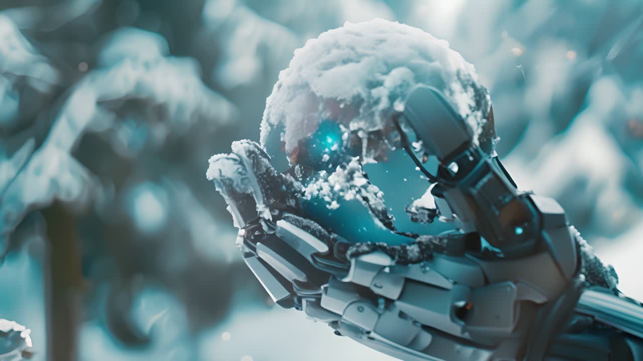 Robot Hand Holding a Snowball in Winter