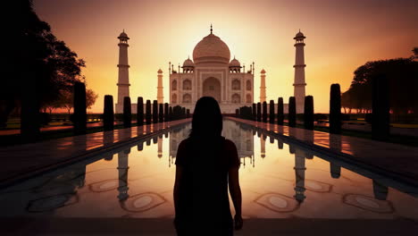 woman gazing at the taj mahal at sunrise