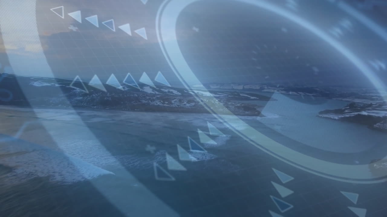 눈 인 풍경과 바다의 공중 풍경에 대한 미래의 인터페이스 애니메이션