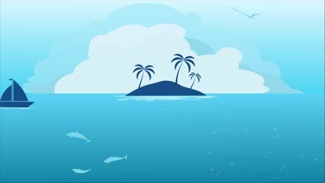 animation of a small islands silhouette popping up  from the sea. palm trees,dolphins and a sailboat .summer vibe.