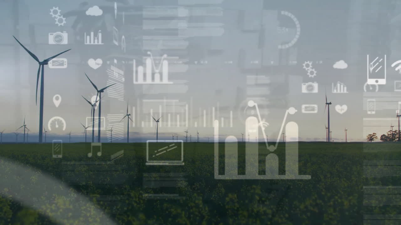 Animation of data processing and diagrams over wind turbines on field