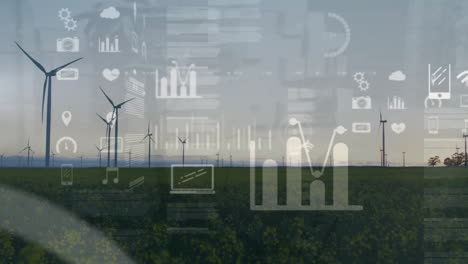 animation of data processing and diagrams over wind turbines on field