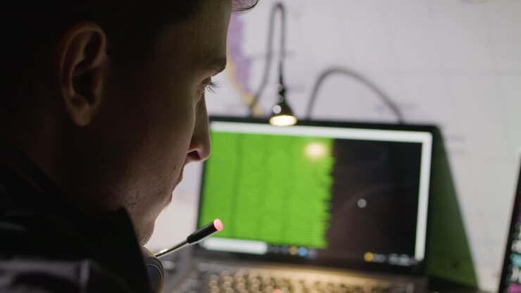 Primo piano di un hacker caucasico a tarda notte che lavora al computer e sottrae dati dal database di rete