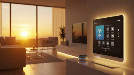 modern living room with smart technology: a stylish setup featuring wi-fi control, ambient lighting, and a beautiful sunset view on display