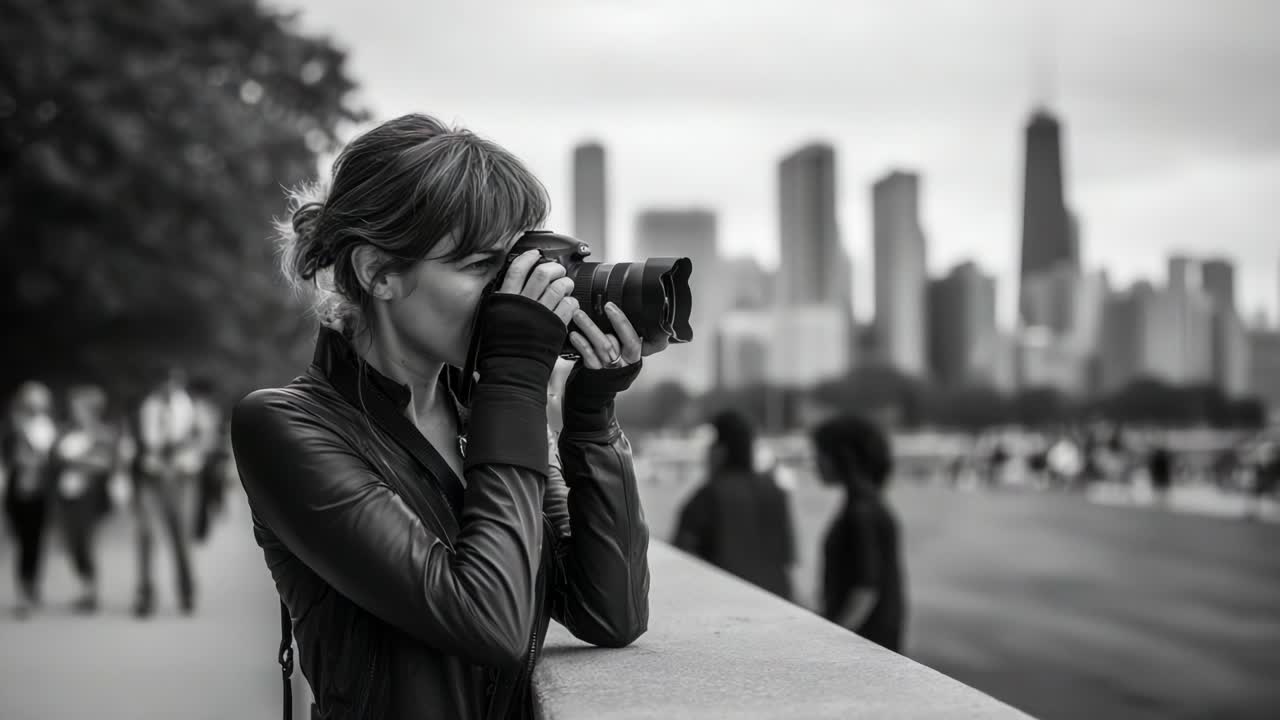 A Passionate Photographer Captures Moments Against a Vibrant Urban Skyline, Exemplifying the Art of Street Photography and Immersing in the Dynamic Atmosphere of the City Life