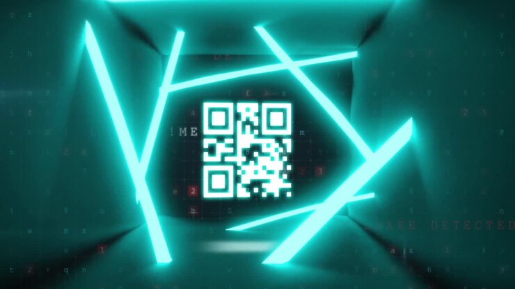 QR code scanner with neon elements against cyber security data processing