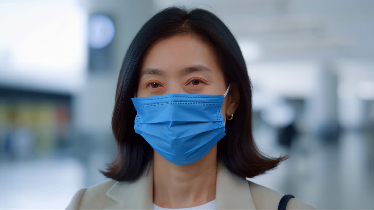 ผู้หญิงเอเชียมีความสุข สวมหน้ากากอนามัยสีฟ้า ยิ้มด้วยดวงตา