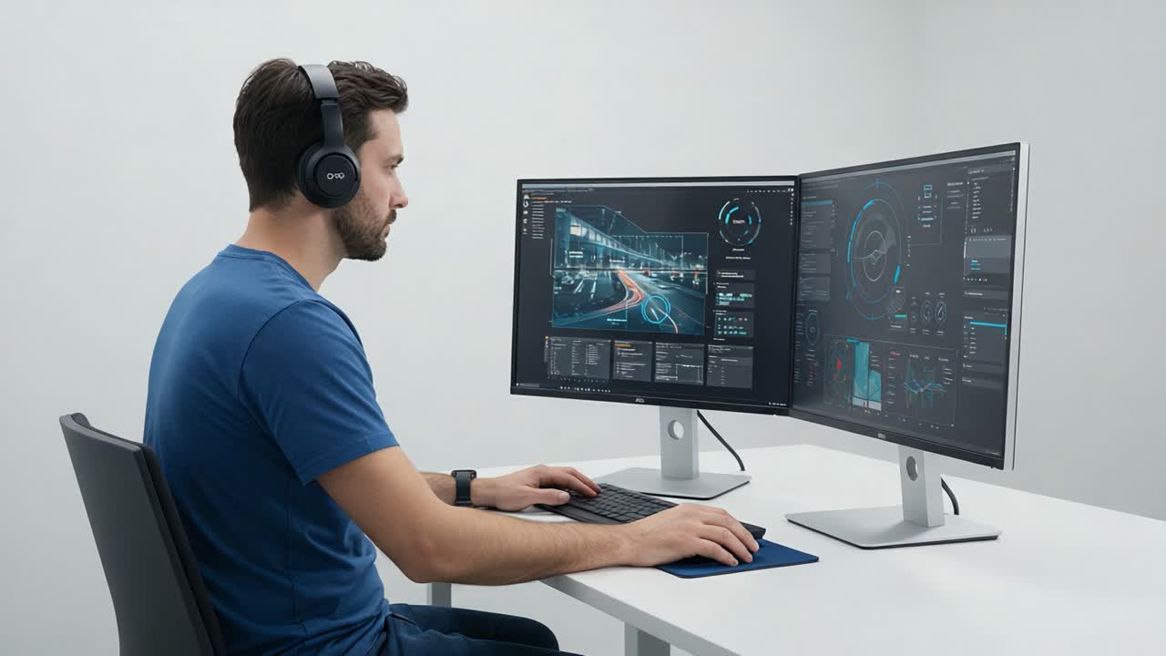 A focused individual using dual monitors to analyze data and graphics, immersed in a deep work session with headphones, demonstrating productivity and technology integration