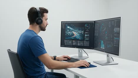 a focused individual using dual monitors to analyze data and graphics, immersed in a deep work session with headphones, demonstrating productivity and technology integration