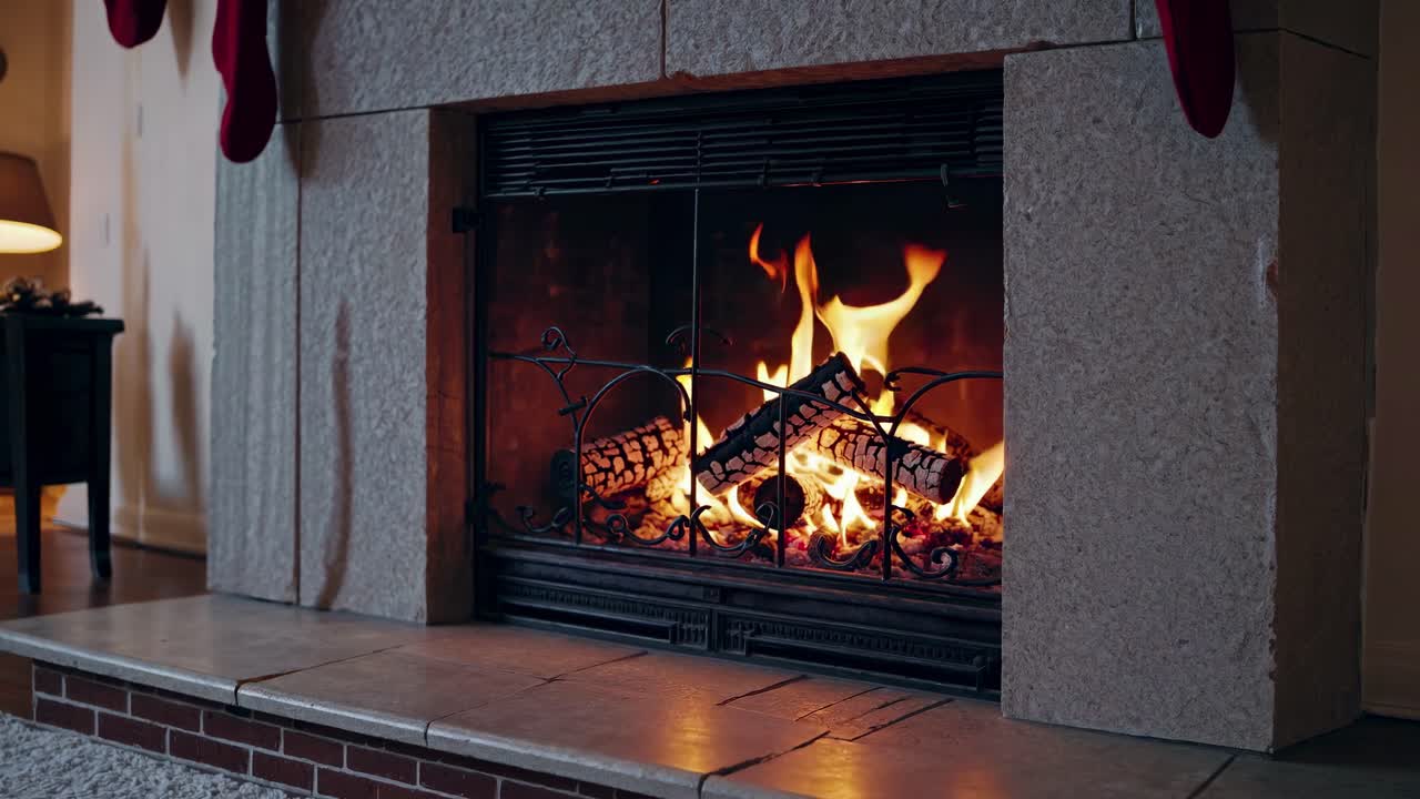 Cozy fireplace with burning logs, captured at eye level. The warm glow creates a comforting