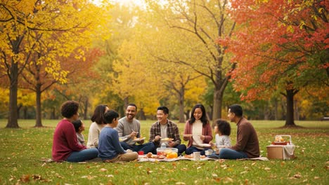 a family enjoying a picnic in an autumn park