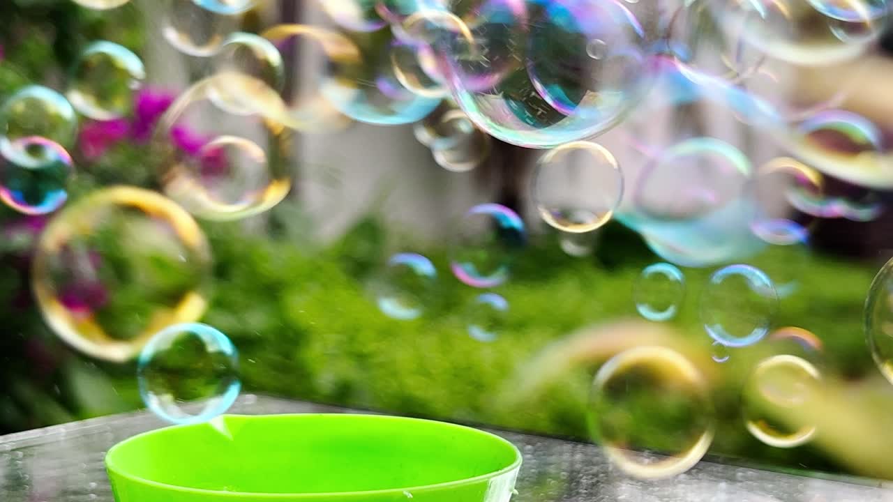 Camera fixed on small bubbles moving gently in front of leafy green plants and soft lighting.