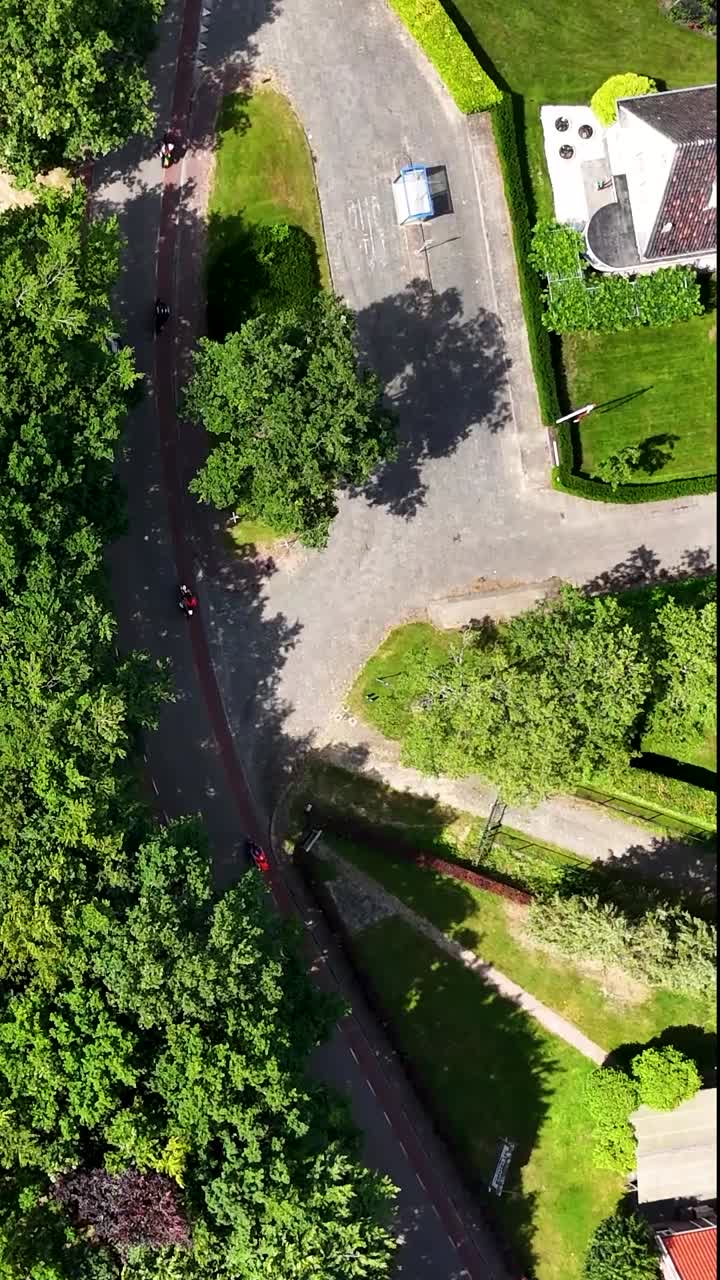 Aerial view of a curving road with vehicles and lush trees in a residential area