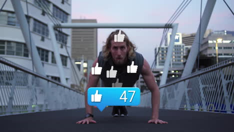 man exercising on bridge with social media likes animation overlay