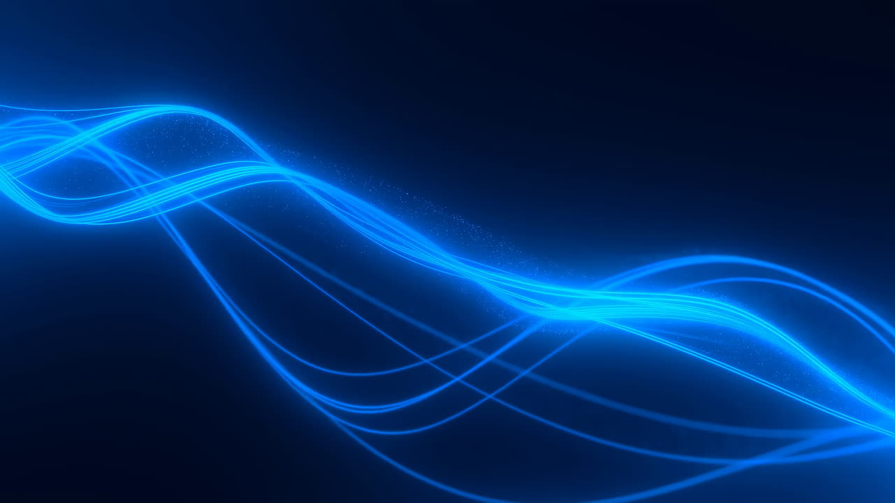 Blue Neon Waves Flow Across Dark Studio Background, Glowing Lines Ripple And Pulse, Smooth Luminous Motion