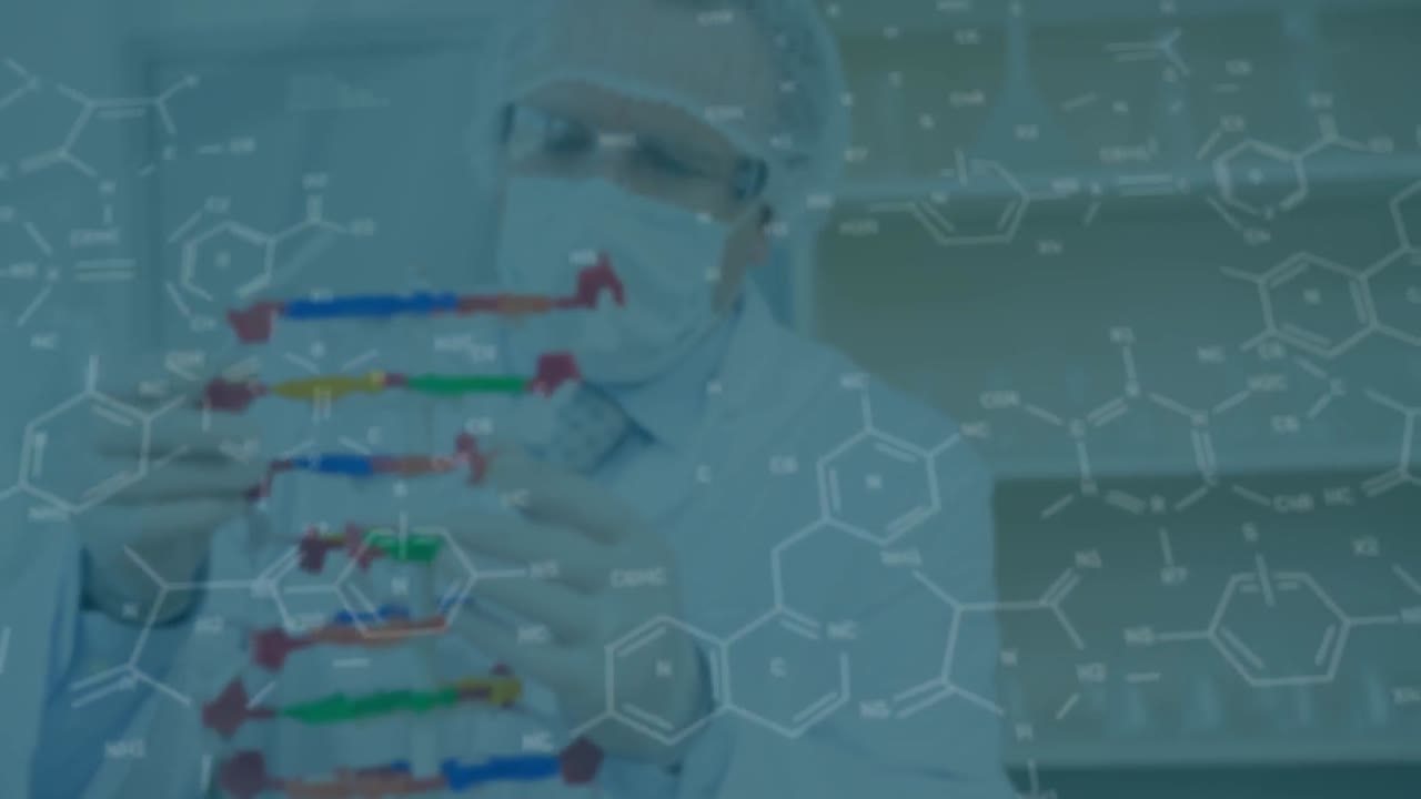 Moleküllerin beyaz erkek bilim insanı üzerinde animasyonu.