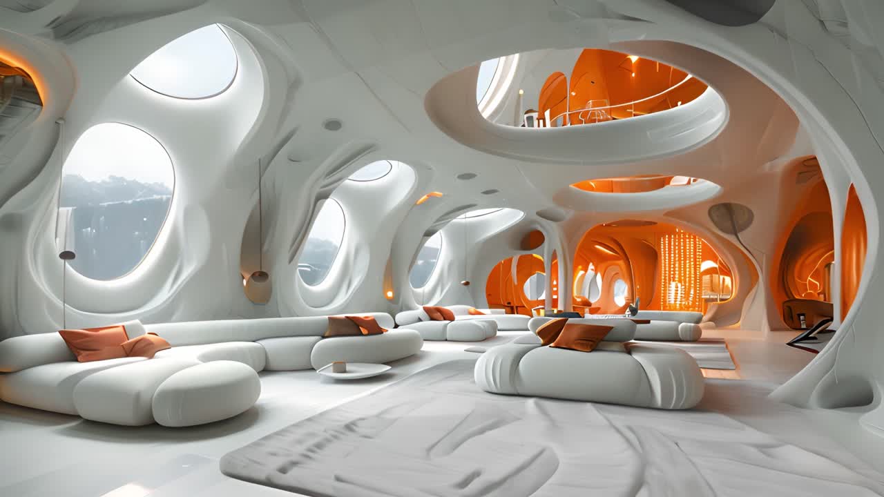 Futuristic Organic Lounge Interior with White and Orange Accents