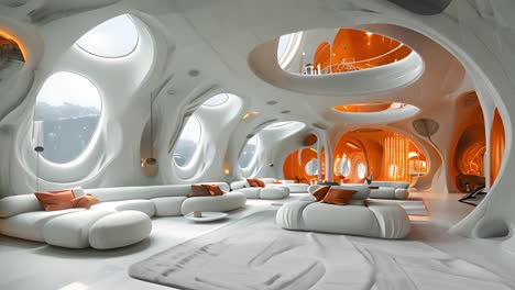 futuristic organic lounge interior with white and orange accents
