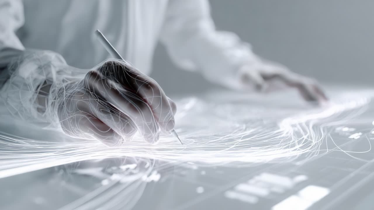 A close-up view of a hand skillfully drawing intricate designs on a luminous surface, showcasing the blending of technology and artistry in the creation of stunning digital graphics and visual concepts